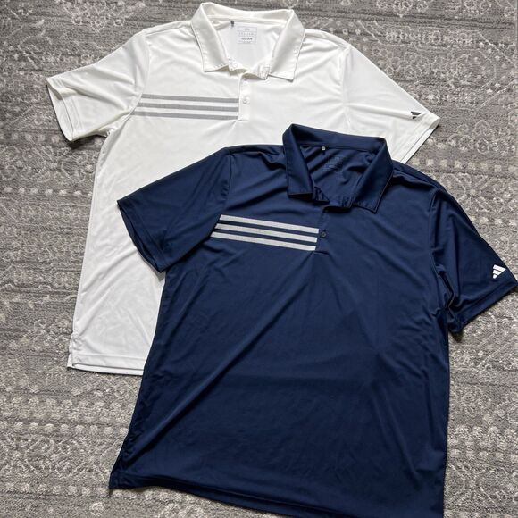 Adidas Golf Polo Shirts Lot of 2 Size 2XL Short Sleeve White Navy Stripe - Picture 1 of 11